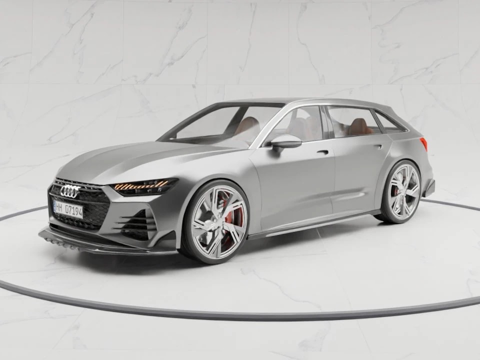 Statuario Infinity, a studio in the Motuva Library, shown with a grey estate car